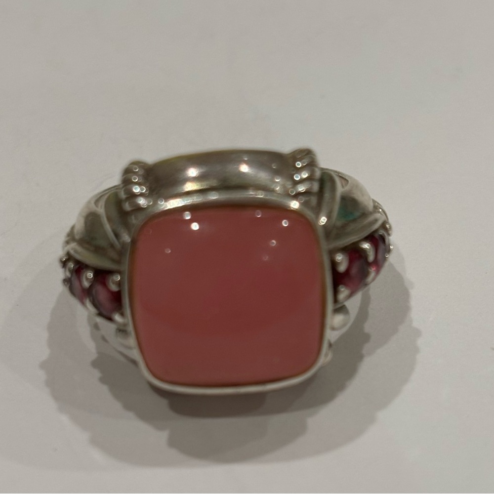 Judith Ripka Sterling Silver 925 Pink Jade & Rhodolite Ring Sz 8
